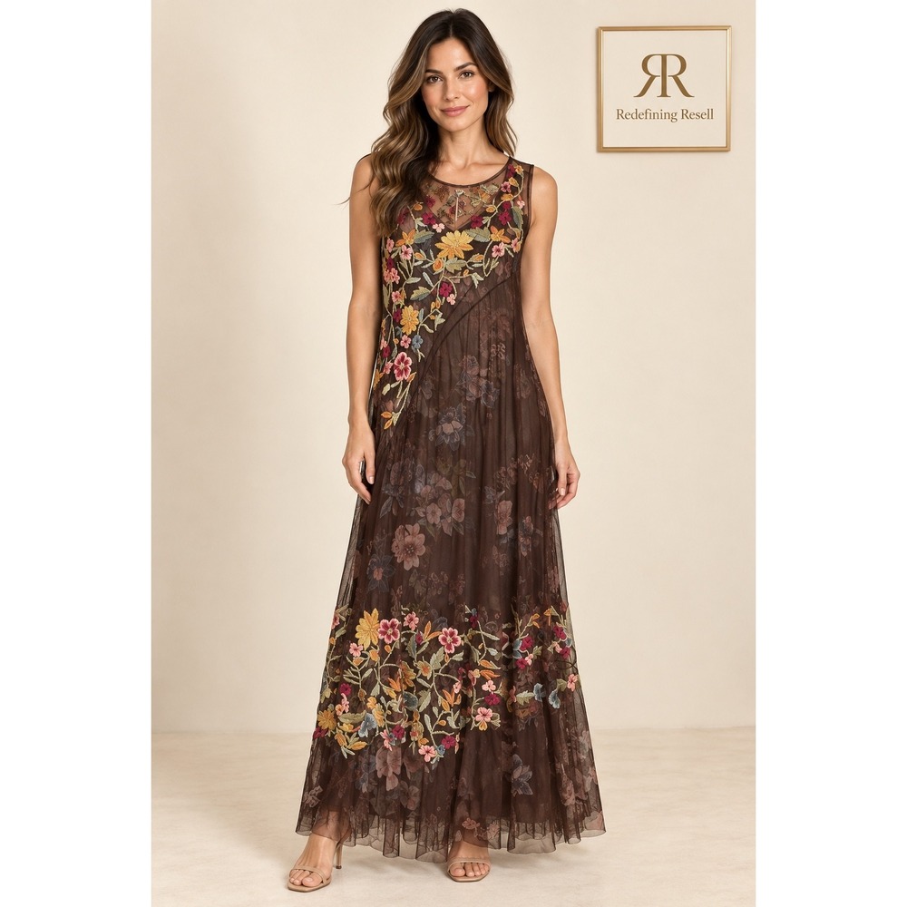 Johnny Was Biya Rhioh Mesh Dress Brown Floral Embroidered Maxi Sheer needs liner